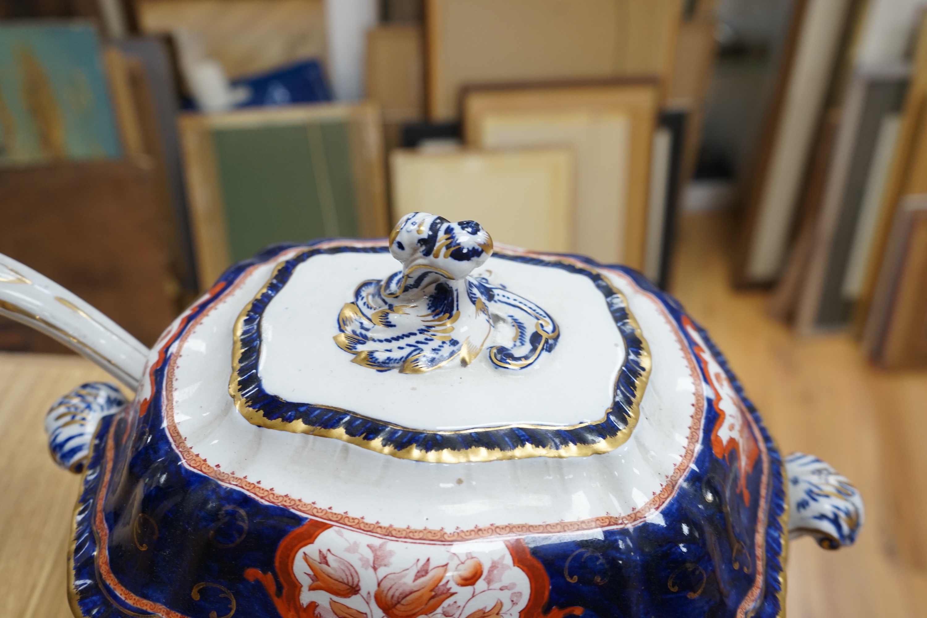 A Victorian Booths pottery iron red, blue and gilt soup tureen, cover, stand and ladle. Condition - good